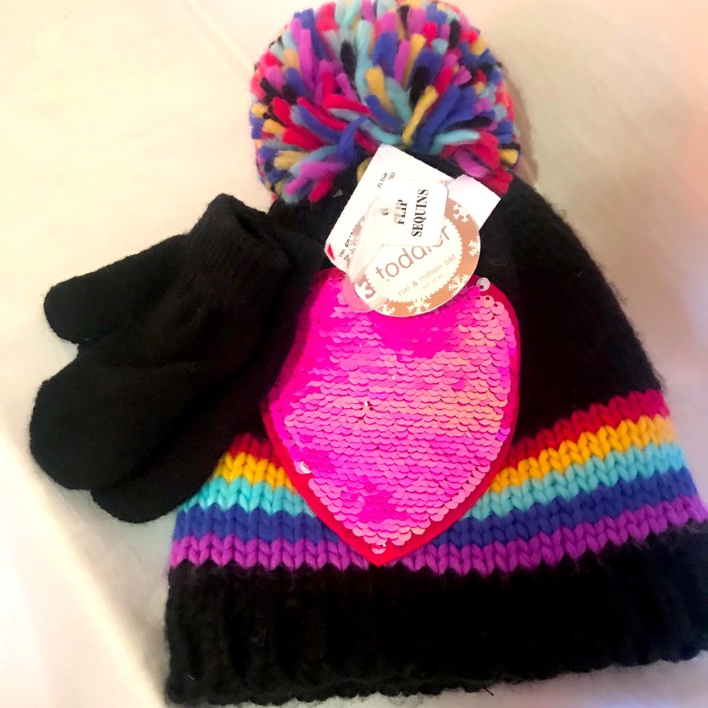 Hat/Mitten Set,Black/Pink, Toddler Size 2T-4T